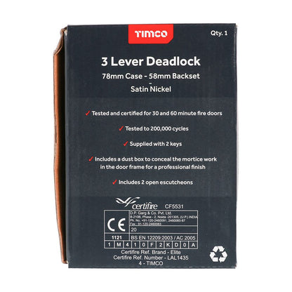 TIMCO 3 Lever Deadlock Sat. Nickel 78mm Pack 1