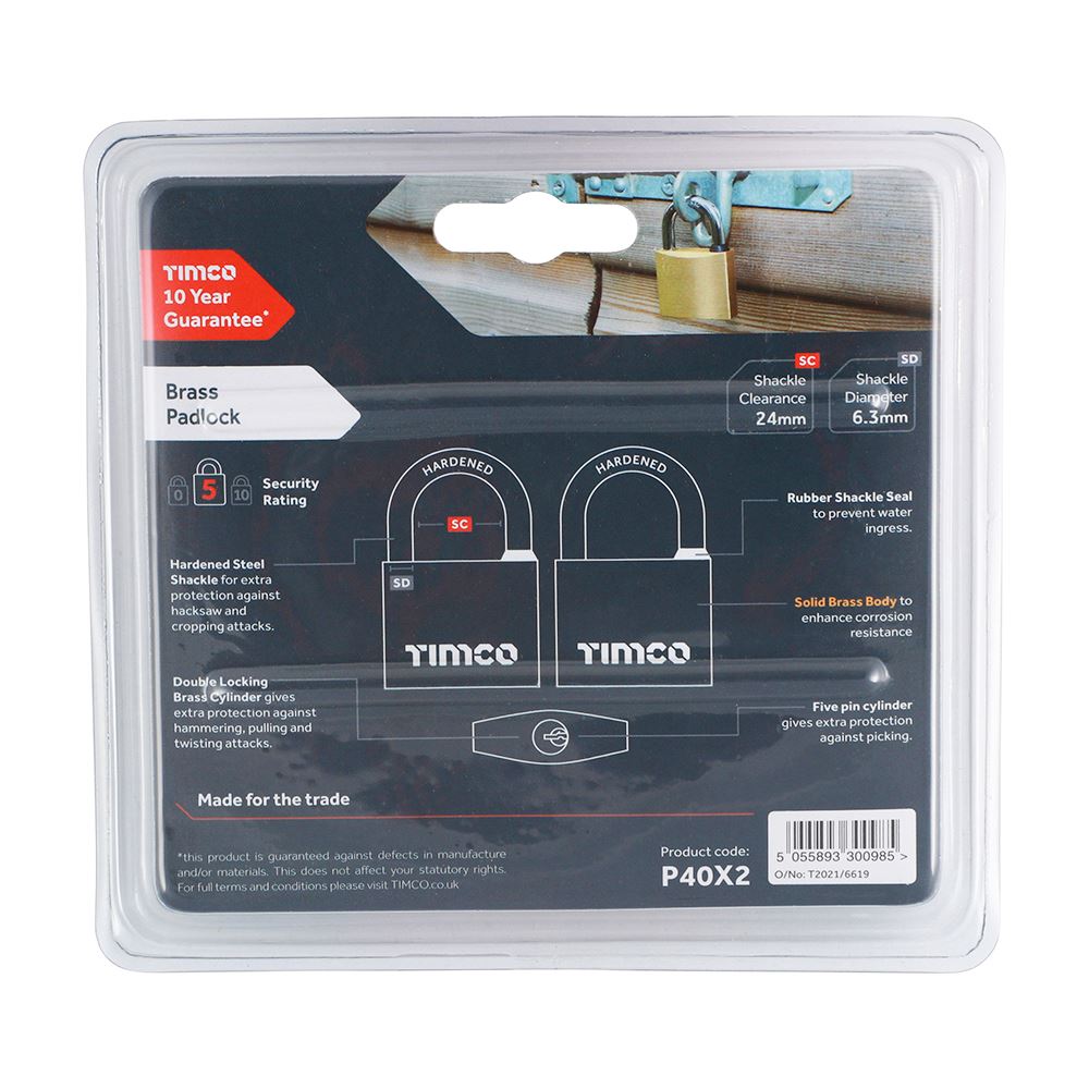 TIMCO Brass Padlock 40mm Pack 2
