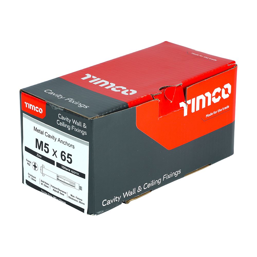 TIMCO Metal Cavity Anchor Zinc M5 x 65 (70mm Screw) Silver Pack 100
