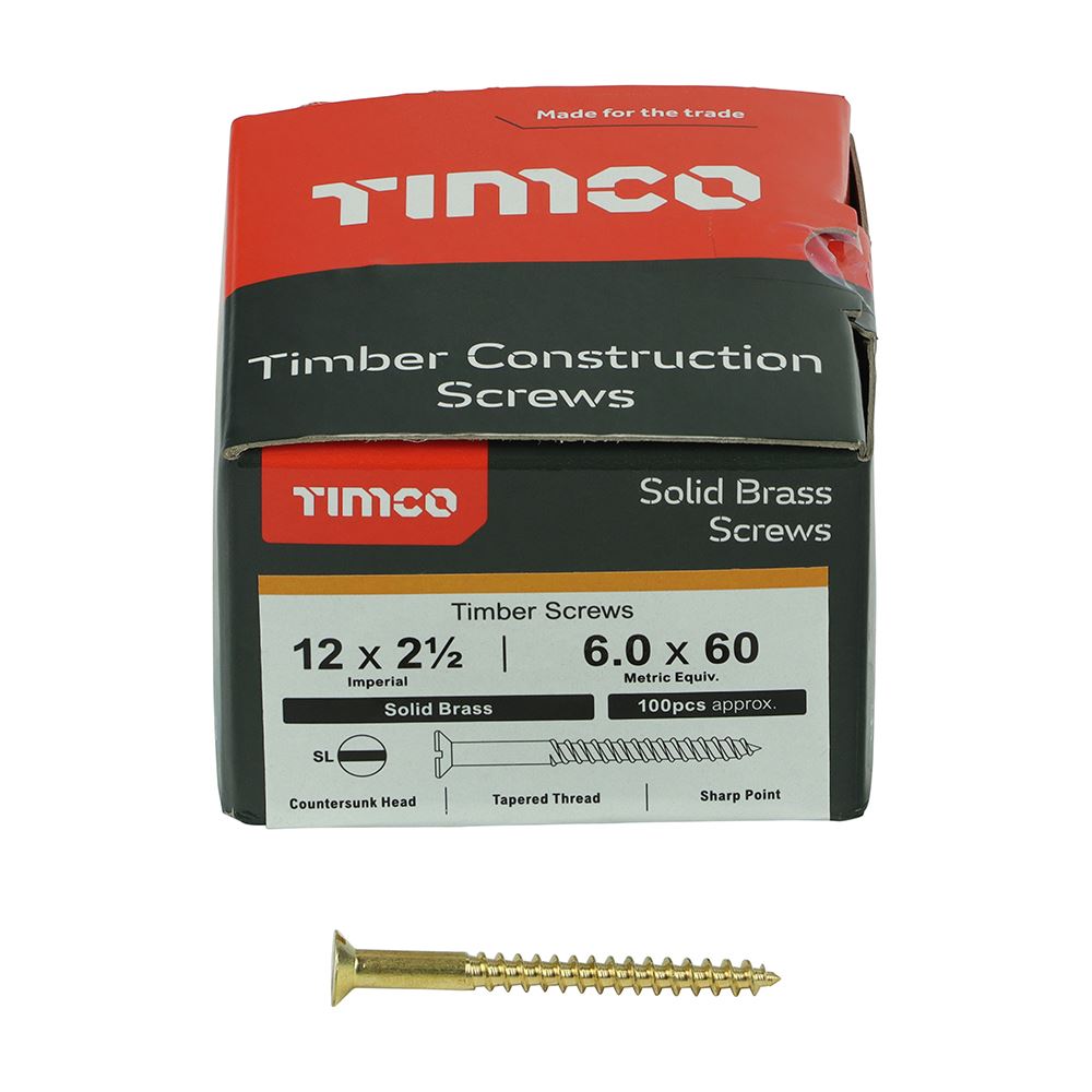 TIMCO Brass Timber Screw SLOT CSK 12 x 2 1/2 Pack 100