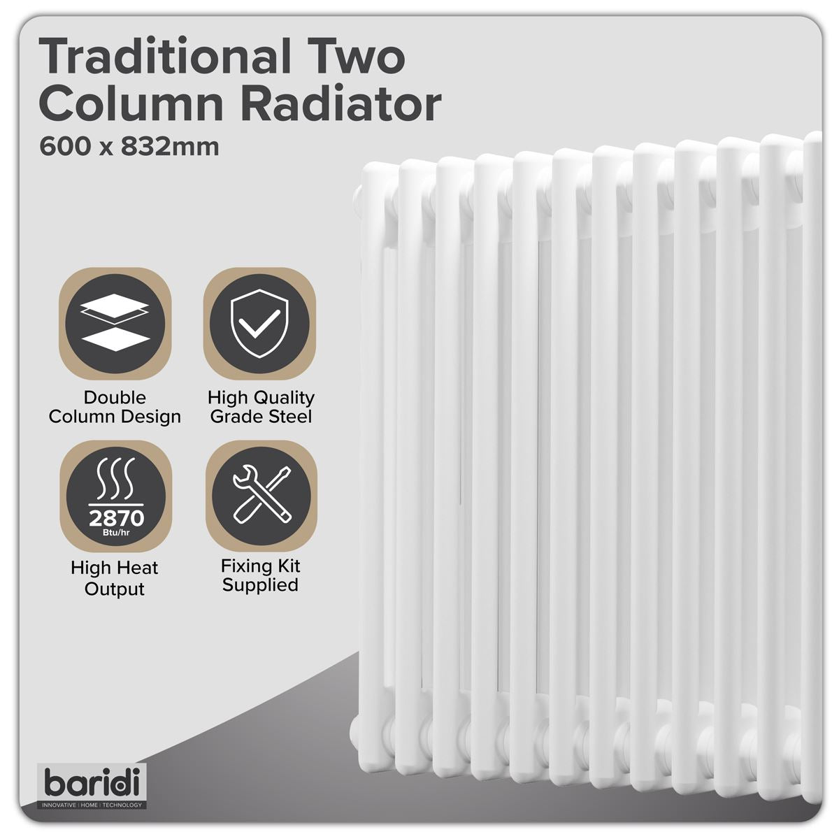 Baridi DH368 Horizontal Traditional 2 Column Radiator 600 x 832mm - White | Steel | Horizontal traditional two column radiator delivers a BTU output