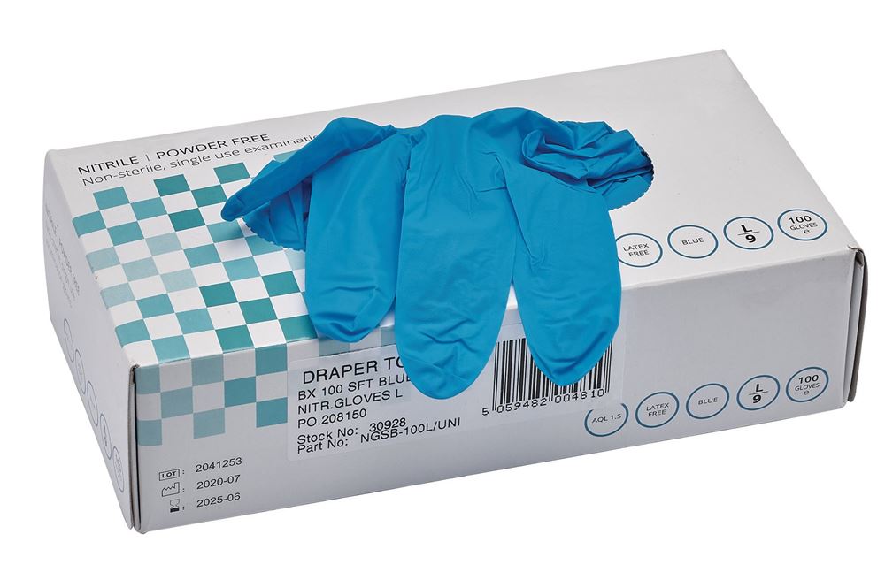 30928 Draper Nitrile Gloves, Large, Blue (Pack of 100) NGSB-100L/UNI Work Gloves Professional Trade DIY Workshop Garage Use
