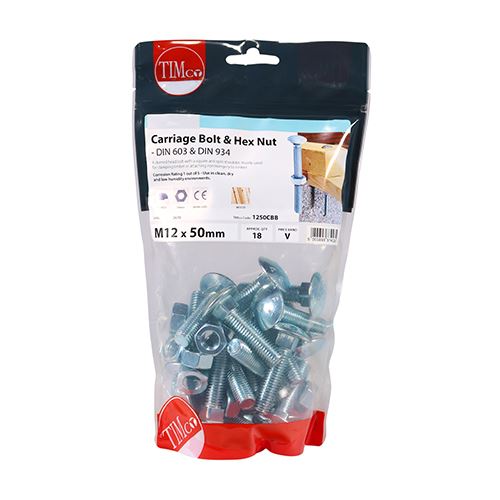 TIMCO Carriage Bolt & Hex Nut - BZP M12 x 50 Silver Pack 18