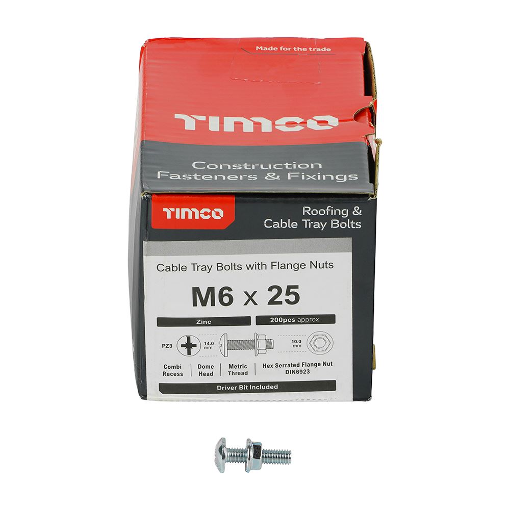 TIMCO Cable Tray Bolt & F/Nut Zinc M6 x 25 Silver Pack 200