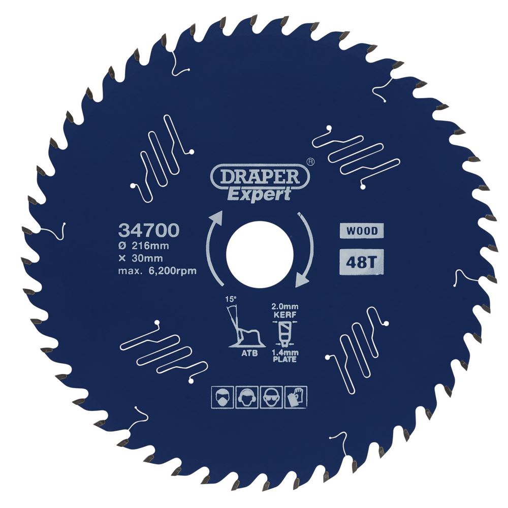 Draper TCT SAW BLADE 216MM 48T 34700 TCT Circular Saw Blade for Wood with PTFE Coating