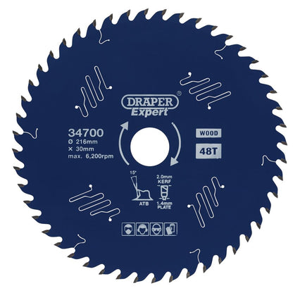 Draper TCT SAW BLADE 216MM 48T 34700 TCT Circular Saw Blade for Wood with PTFE Coating