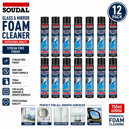 12 x Soudal Glass & Mirror Foam Cleaner Aerosol Spray 750ml Streak Free