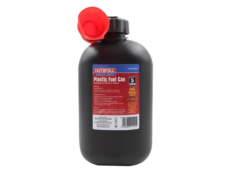 Faithfull Black HDPE Plastic Fuel Can 5L with Spout Automotive Garage Workshop Fuel Storage Transfer