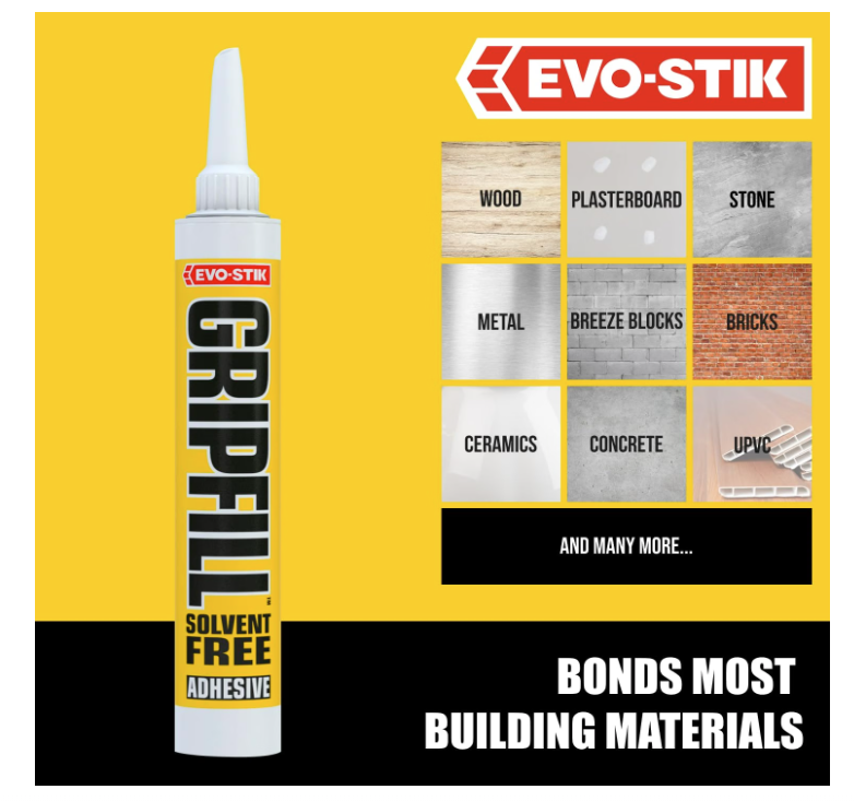EVO-STIK Gripfill Solvent Free 350ml White High Strength Gap Filling Grab Adhesive for Wood Plasterboard Brick Concrete UPVC