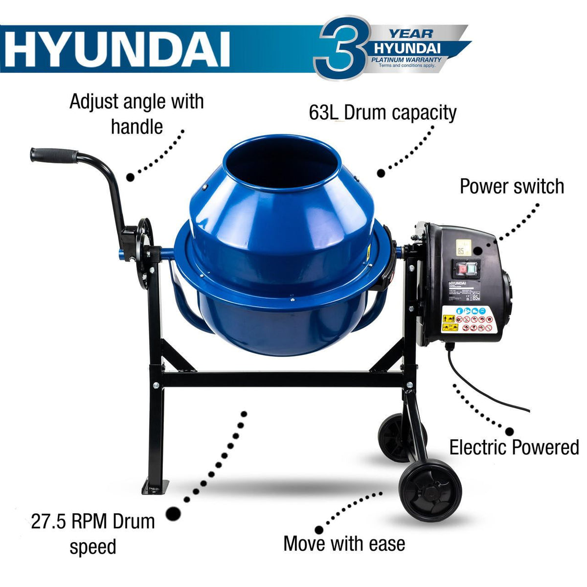 Hyundai HYCM63E Electric Cement Mixer 220W 63L 230V Concrete Mixer Building Mixer