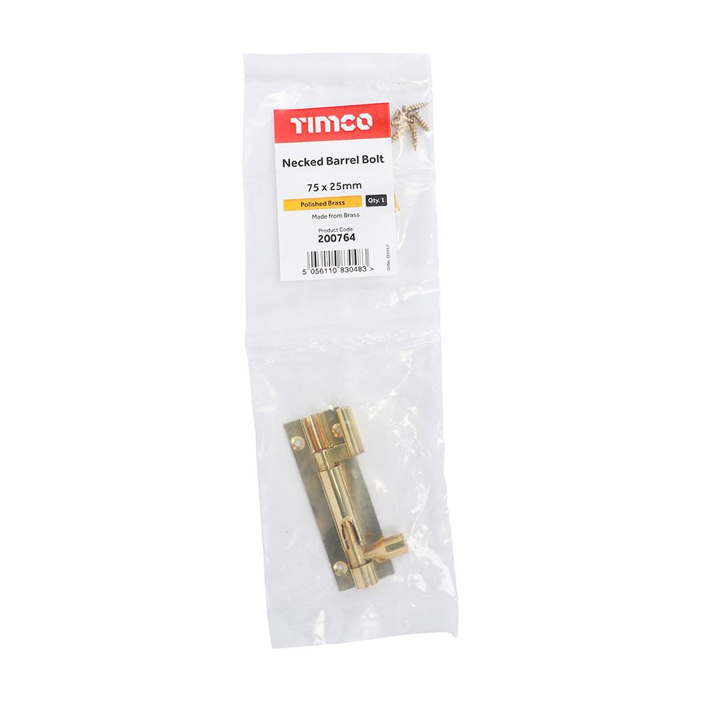 TIMCO Nkd. Barrel Bolt Pol. Brass 75 x 25mm Pack 1