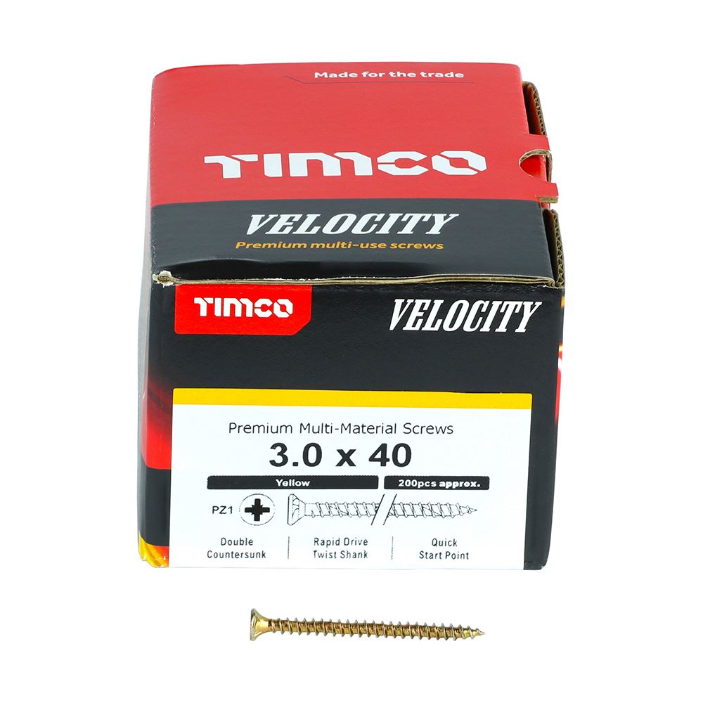 TIMCO Velocity Screw PZ1 CSK ZYP 3.0 x 40 Gold Pack 200