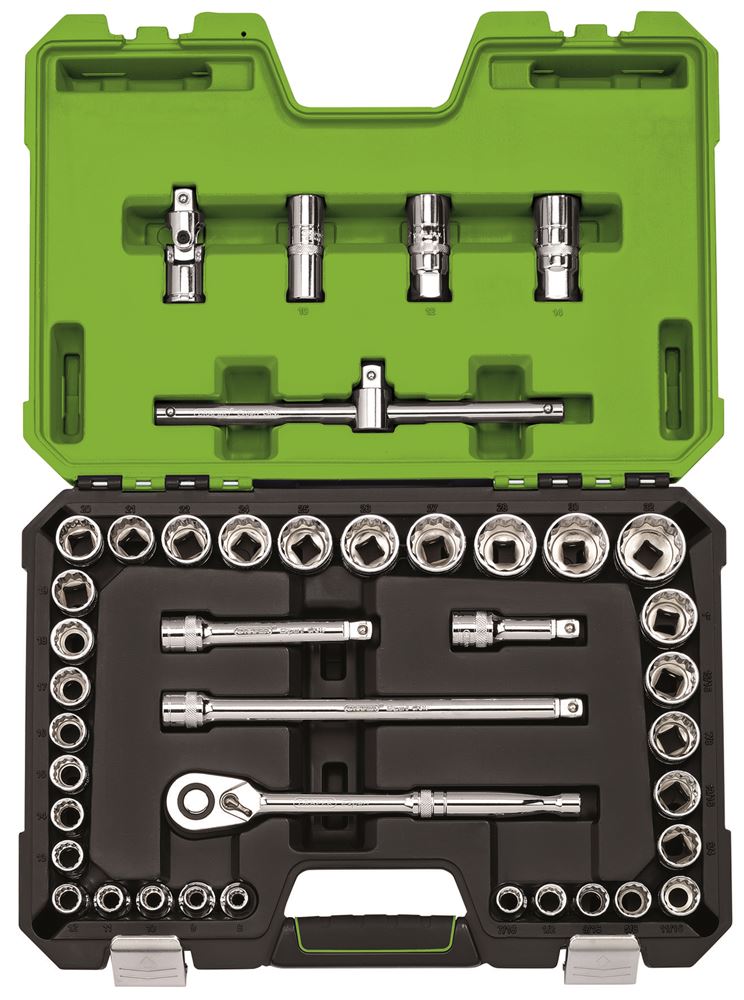 04465 Draper Expert Expert MM/AF Combined Socket Set, 1/2 Sq. Dr., Green (41 Piece) 1/2 Socket Sets Professional Trade DIY Workshop Garage Use