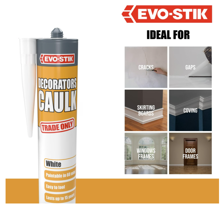 EVO-STIK Decorators Caulk White 280ml Flexible Fast Dry Paintable Gap & Crack Filler for Skirting Boards Windows Doors
