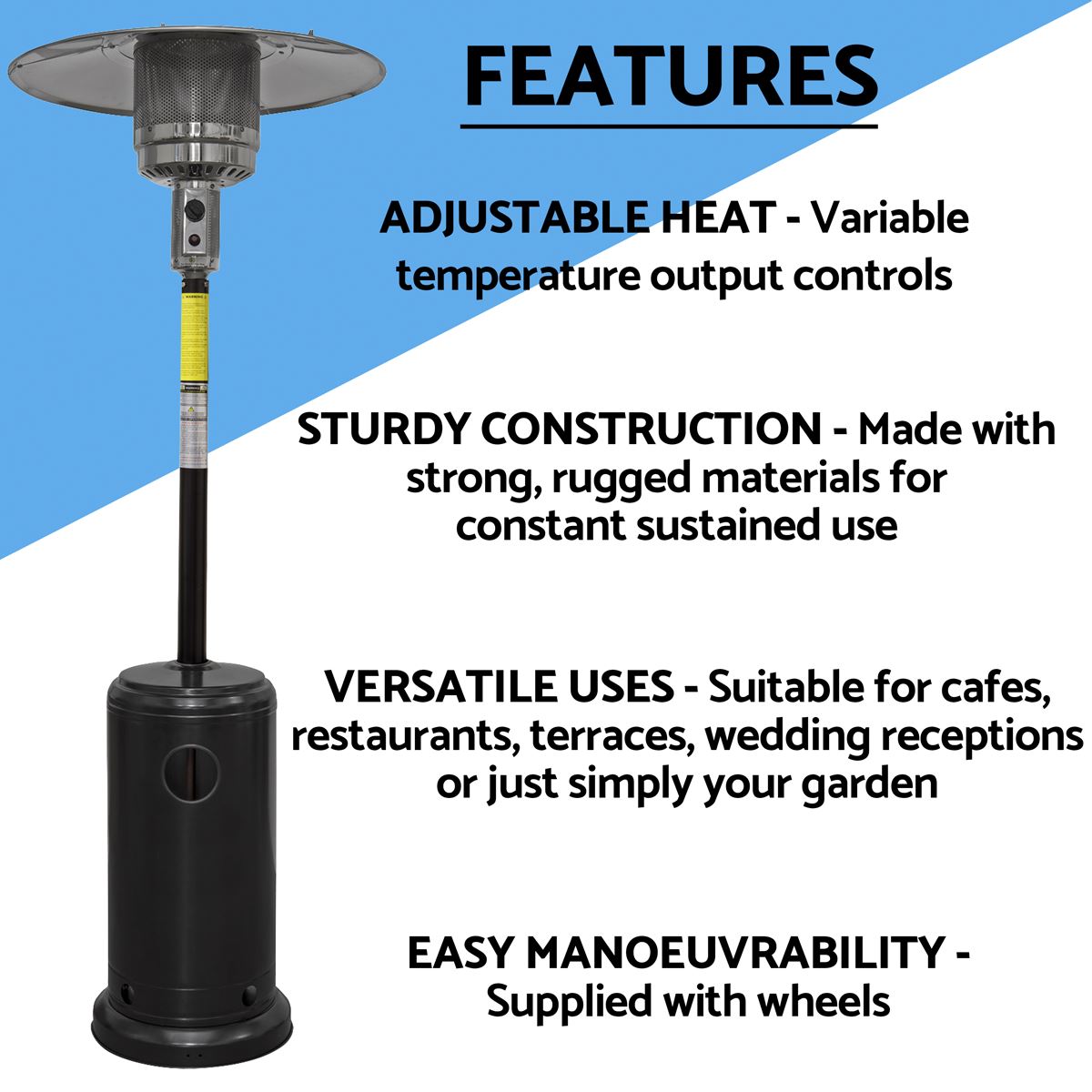 Dellonda DG1 Outdoor Garden Gas Patio Heater 13kW Commercial & Domestic Use, Black | Wheels, Tip-Over Switch, Adjustable