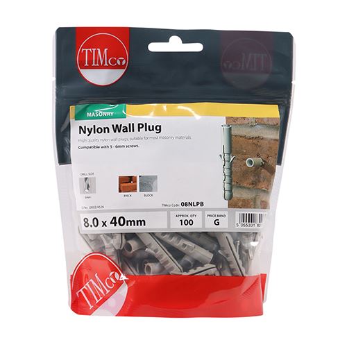 TIMCO Nylon Plug 8.0 x 40 Pack 100