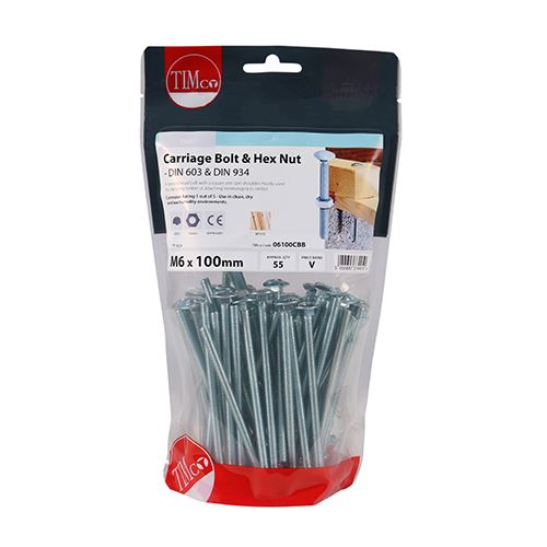 TIMCO Carriage Bolt & Hex Nut - BZP M6 x 100 Silver Pack 55