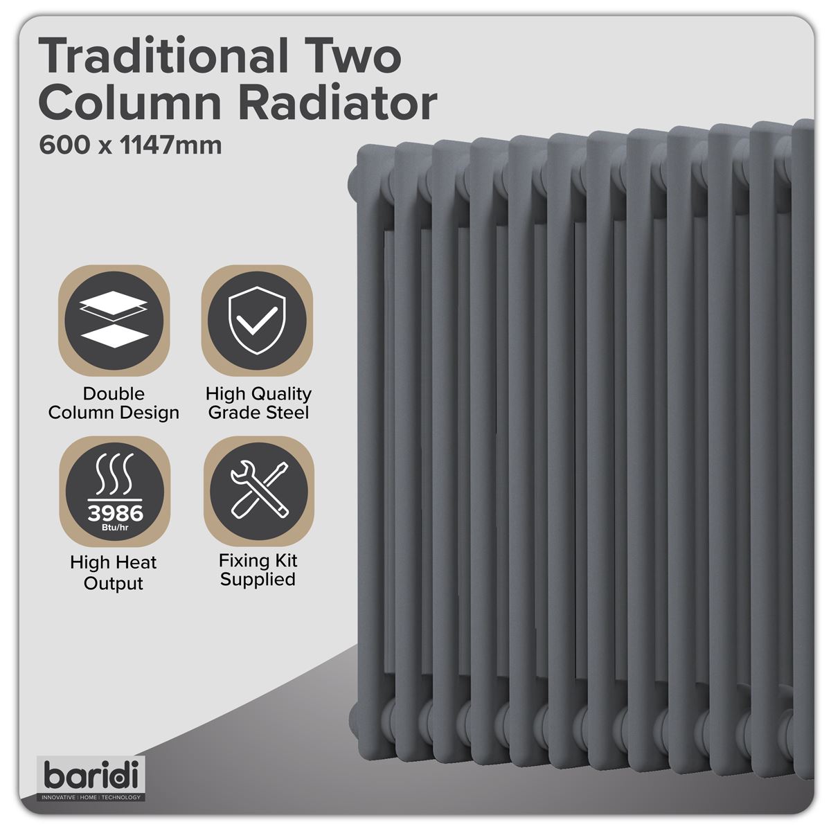 Baridi DH360 Horizontal Traditional 2 Column Radiator 600 x 1147mm - Anthracite | Steel | Horizontal traditional two column radiator delivers a BTU