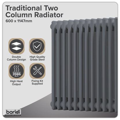 Baridi DH360 Horizontal Traditional 2 Column Radiator 600 x 1147mm - Anthracite | Steel | Horizontal traditional two column radiator delivers a BTU