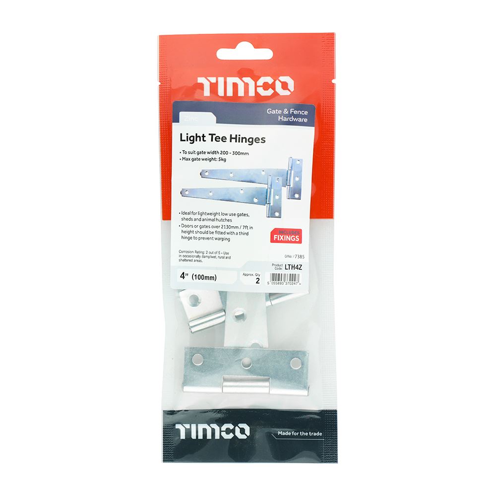 TIMCO Light Tee Hinge Pair Zinc 4" Pack 1