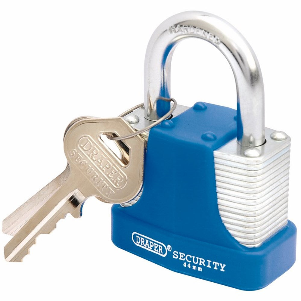 DRAPER 64181 - 44mm Laminated Steel Padlock and 2 Keys with Hardened Steel Shackle and Bumper