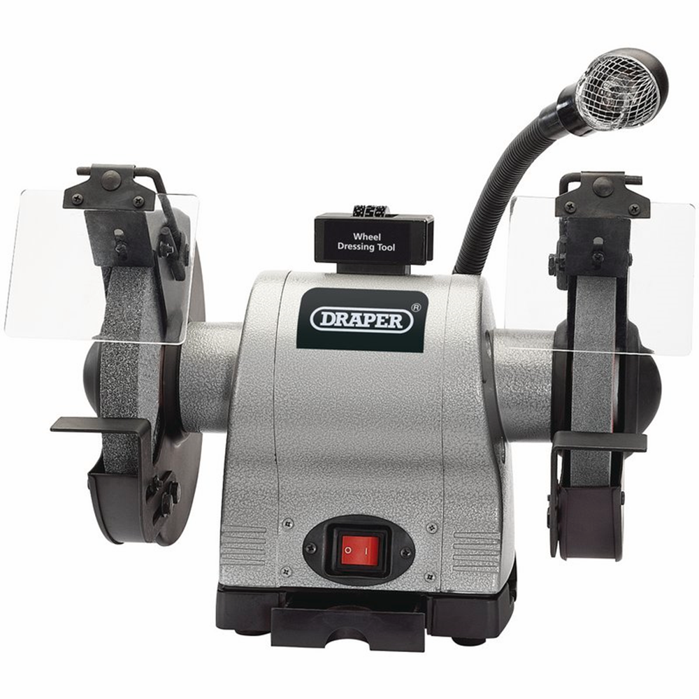Draper 8H/D B/GRINDER C/W LIGHT 230V 05097 200mm Heavy Duty Bench Grinder with Worklight (550W)