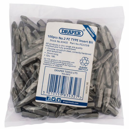 Draper NO.2X25MM PZ BIT (BAG OF 100) 83432 1/4" Hex PZ TYPE Insert Bits (100 PIECE)