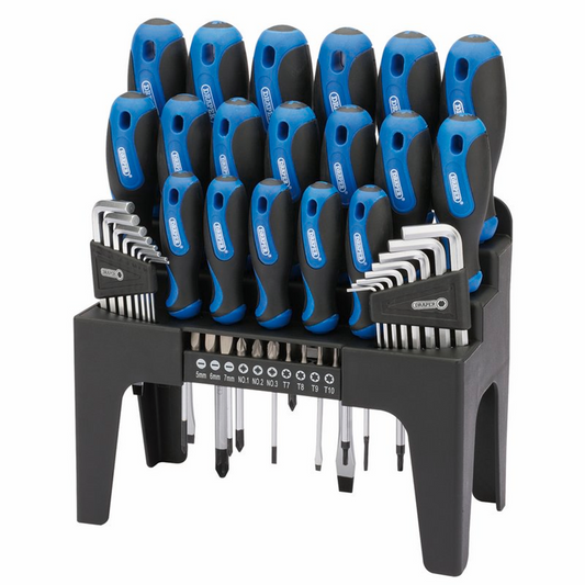 Draper 44PC S.DRIVER SET+STAND BLUE 81294 Soft Grip Screwdriver, Hex. Key and Bit Set (44 Piece)