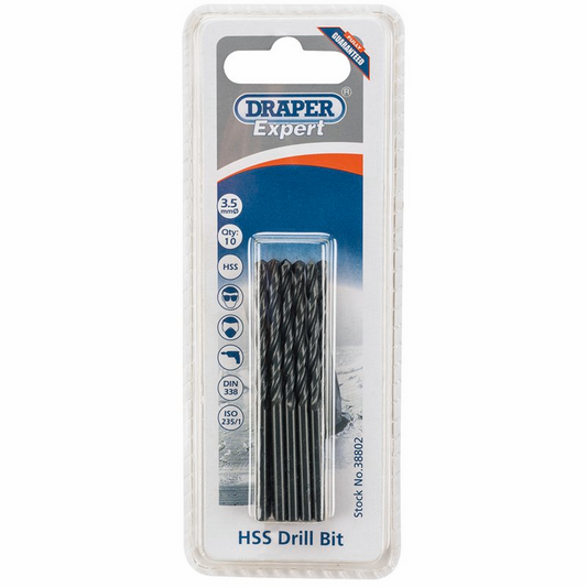 Draper 3.5MM HSS TWIST DRILL BOX 10 38802 Metric HSS Drill Bits (Pack of 10 or 5)