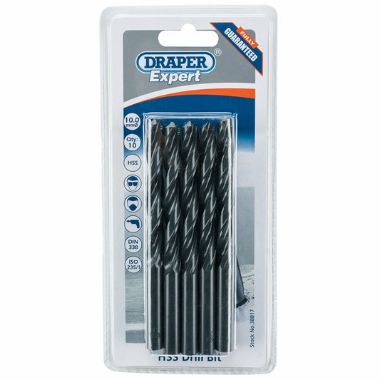 Draper 10.0MM HSS TWIST DRILL BOX 10 38817 Metric HSS Drill Bits (Pack of 10 or 5)