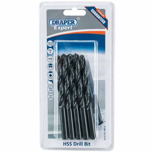Draper 10.5MM HSS TWIST DRILL BOX 5 38818 Metric HSS Drill Bits (Pack of 10 or 5)