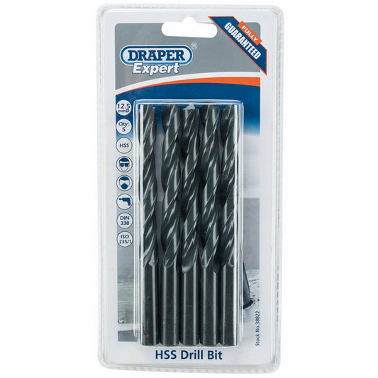 Draper 12.5MM HSS TWIST DRILL BOX 5 38822 Metric HSS Drill Bits (Pack of 10 or 5)