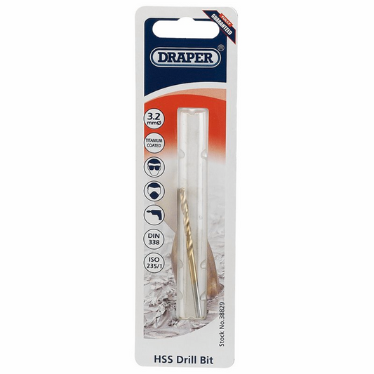 Draper 3.2MM HSS TWIST DRILL BIT 38829 Metric HSS Titanium Coated Drill Bits