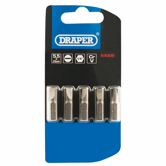 Draper 5PC 25MM 5.5MM P.SLOT.S/D BIT 64009 1/4" Hex. Plain Slot E Shank Insert Bits