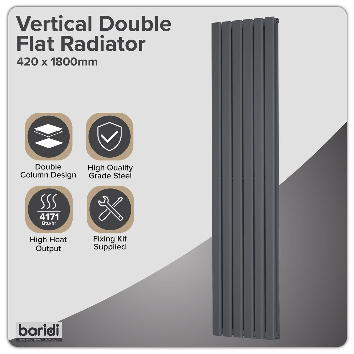 Baridi DH353 Vertical Radiator Contemporary Double Flat Panel Design 420 x 1800mm - Anthracite | Steel | Vertical flat panel design delivers a BTU