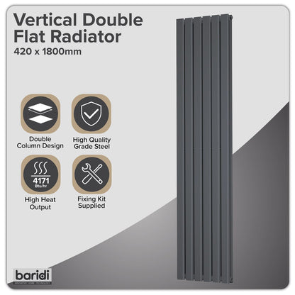 Baridi DH353 Vertical Radiator Contemporary Double Flat Panel Design 420 x 1800mm - Anthracite | Steel | Vertical flat panel design delivers a BTU