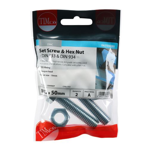 TIMCO Set Screw & Hex Nut - BZP M12 x 50 Silver Pack 2