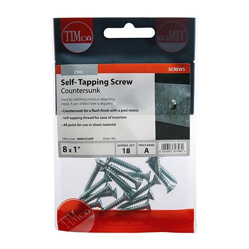 TIMCO S/Tapping Screw PZ2 CSK - BZP 8 x 1 Silver Pack 18