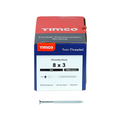 TIMCO Twin Woodscrew PZ2 CSK Zinc 8 x 3 Silver Pack 200