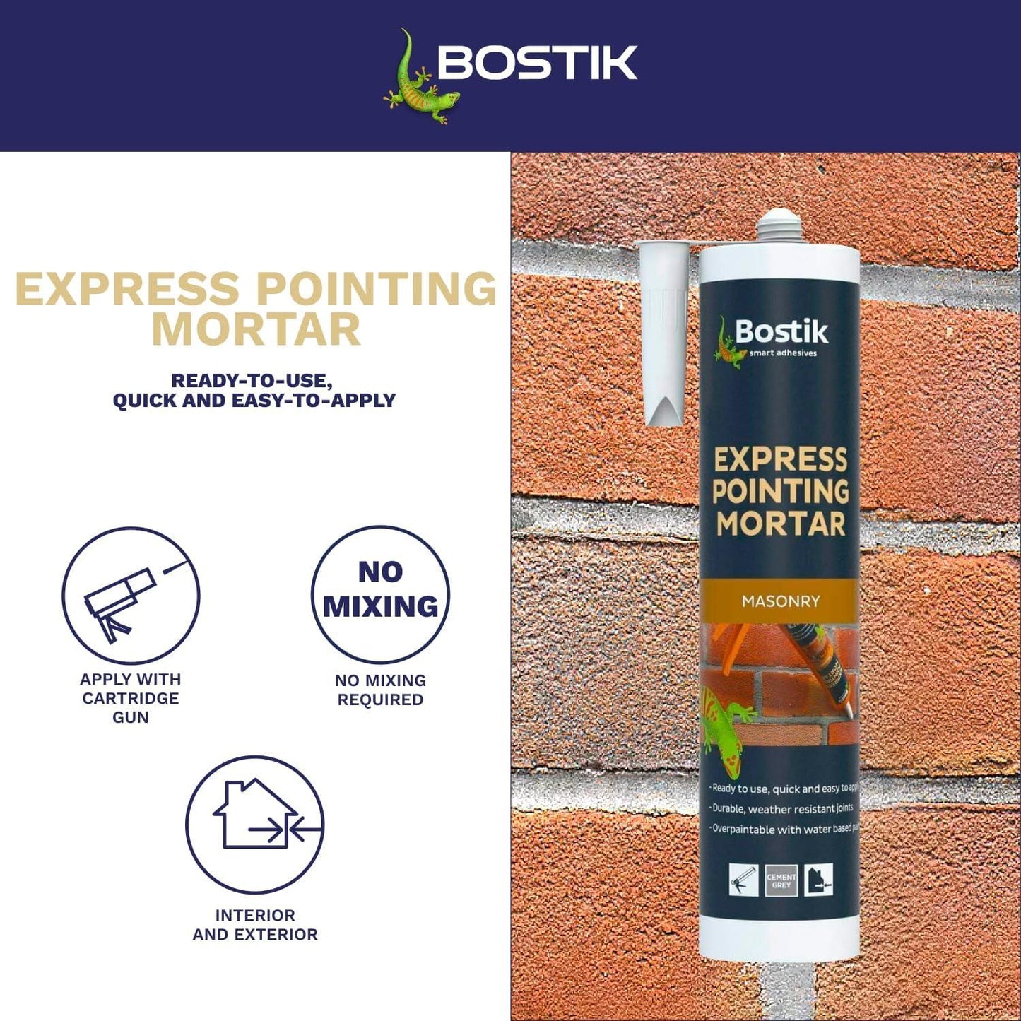 Bostik Express Pointing Mortar 310ml – Grey and Buff Ready-Mixed Masonry Joint Repair for Brick, Stone, Brick Slips and Lead Flashing