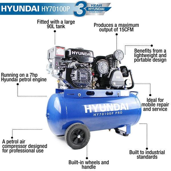 Hyundai HY70100P Petrol Air Compressor 7hp 10.7CFM 145psi 90 Litre Workshop Compressor Garage Air Compressor Workshop Garage Pneumatic Tools
