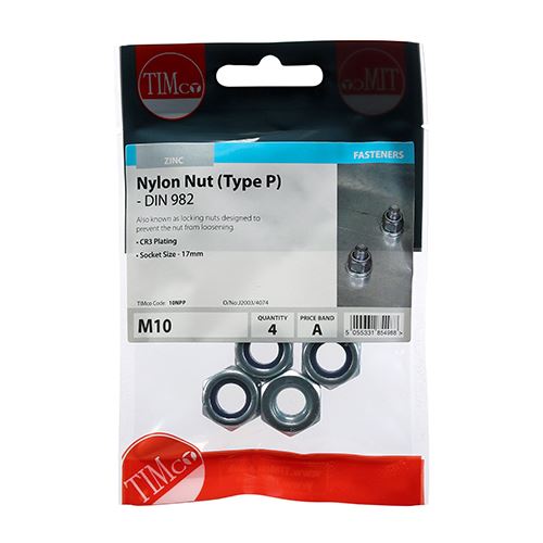 TIMCO P Nylon Nut DIN 982 - BZP M10 Silver Pack 4