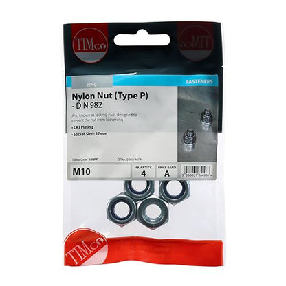 TIMCO P Nylon Nut DIN 982 - BZP M10 Silver Pack 4