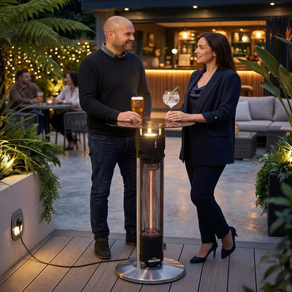 Dellonda DG63 Bistro Table with 1600W Heater, 95cm, Black/Stainless Steel | 230V, Tip-Over Switch | Powerful garden bistro table with 1600W carbon
