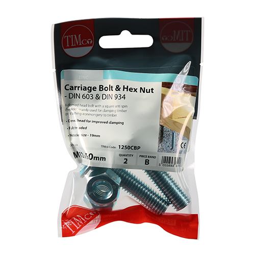 TIMCO Carriage Bolt & Hex Nut - BZP M12 x 50 Silver Pack 2