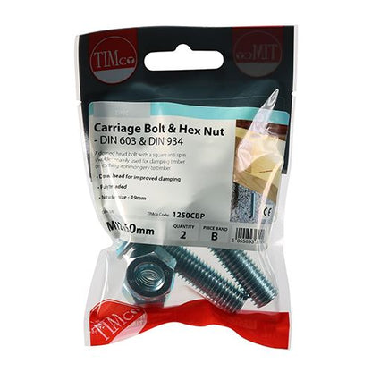 TIMCO Carriage Bolt & Hex Nut - BZP M12 x 50 Silver Pack 2