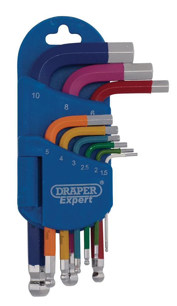 Draper S COLOUR BALL HEX KEY SET 9PC 04912 Metric Short Arm Ball End Hex Key Set, Colour Coded (9 Piece)