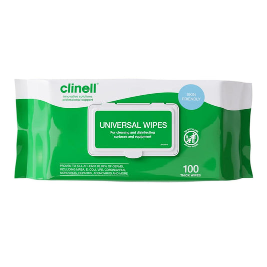 Clinell Universal Wipes White Pack of 100 Antibacterial Cleaning and Disinfectant Wipes for Hands Surfaces Equipment Healthcare Workplace and Home Use