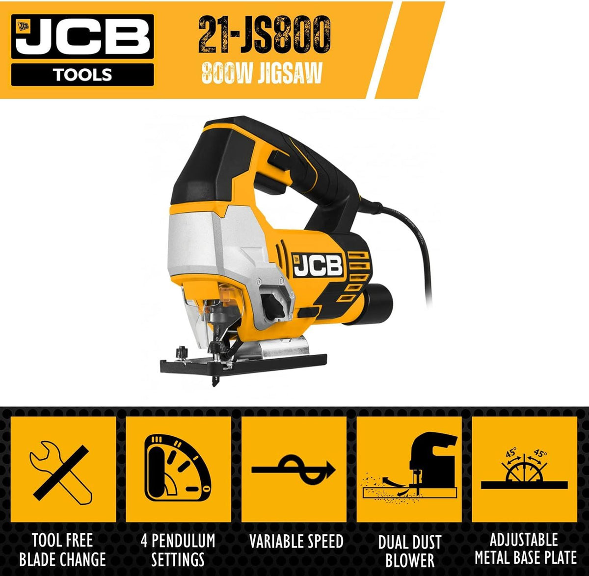 JCB 21-JS800 Jigsaw 800W 230V 0-45 Degree Variable Speed Electric Jigsaw Wood Cutter