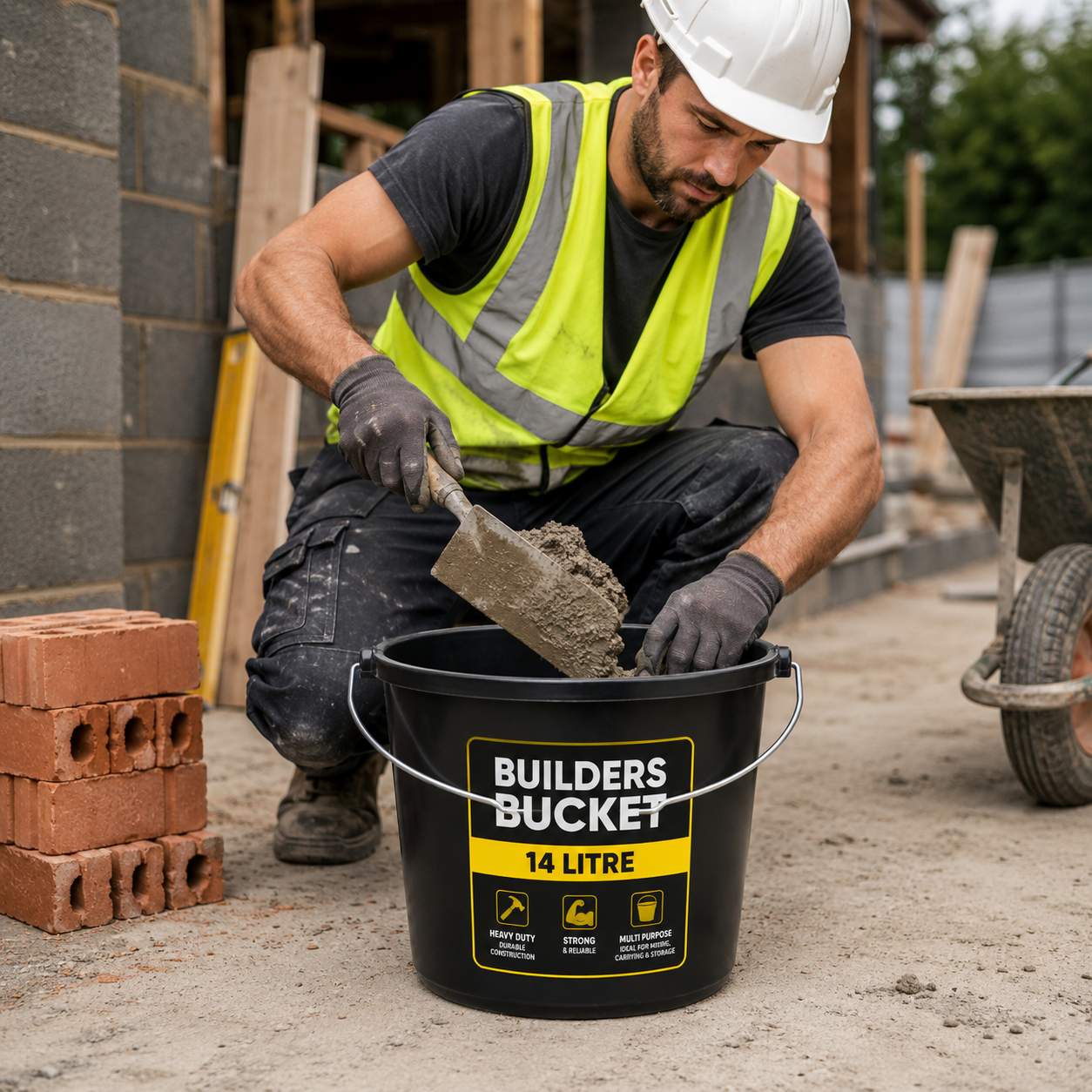 Pack of 5 Yuzet 14L Black Builders Bucket Heavy Duty Plastic Mixing Carry Bucket